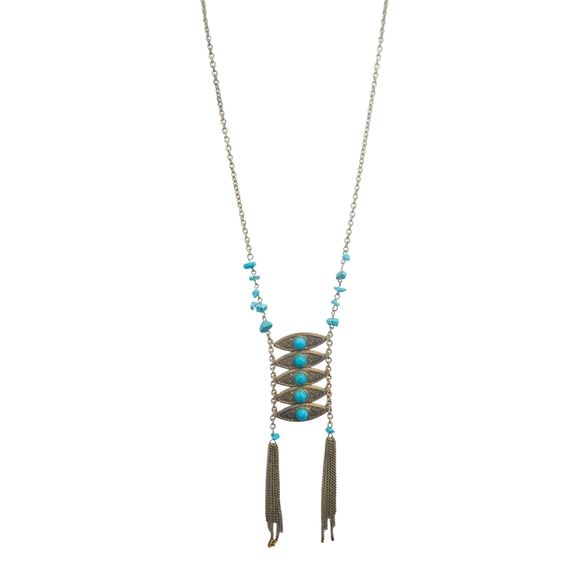 Shyanne Faux Turquoise and Gold Tone Tassel Necklace With Adjustable Length Chai - Picture 5 of 6